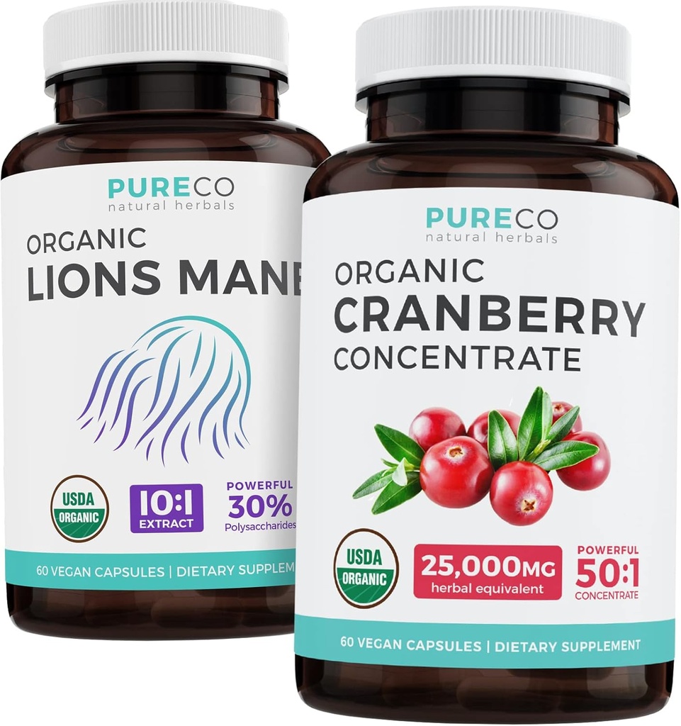 Economize $4 (12% de desconto) - Mente & Body Bundle - Concentrado de cranberry orgânico (50:1 Concentrado - Igual a 25,000mg de cranberries frescos) e Mane Leões orgânicos (10:1 Extrato - Igual a 10.000mg de cogumelos)