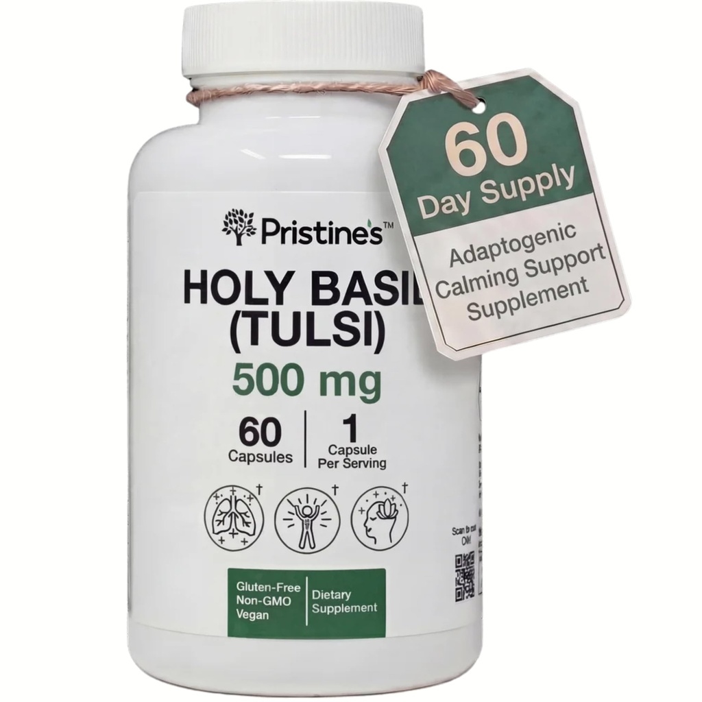 PRISTINE'S Holy Basil Cápsulas - 500 mg Gluten grátis Imunidade e Relaxação Suporte Suplemento Adaptogen - 60 dias de fornecimento - Tulsi Holy Basil Leaf Extract Cápsulas - Vegan - Não-GMO
