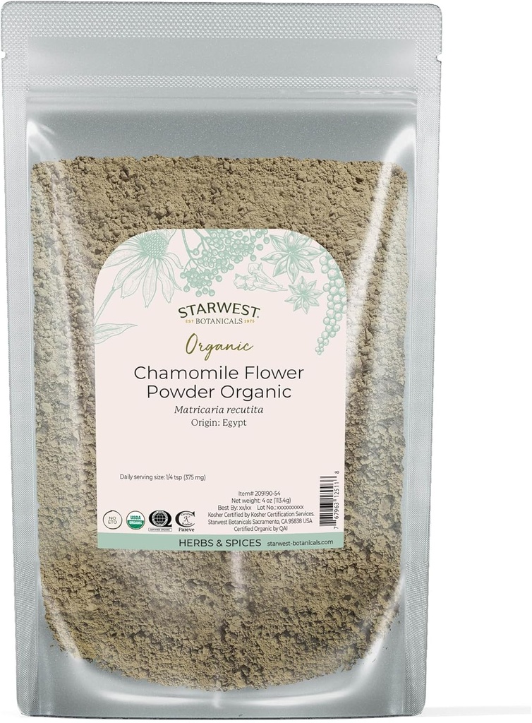 Starwest Botanicals Organic Camomila Flor Pó - Vapor de Folha Seca para Chá, Loções de Ervas, & Cozimento, Fonte do Egito, Certificado Kosher, Não-GMO - 4 oz Pouch