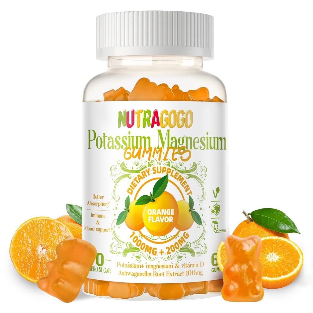 Pastilhas de magnésio de potássio, Suplemento de potássio w/Ashwagandha, Glicinato de magnésio de alta absorção,B6,D3,Citrato de potássio para Cães de Pernas,Muscle,Electroyte para Adultos Crianças,Livre de Açúcar, 60 Gummies