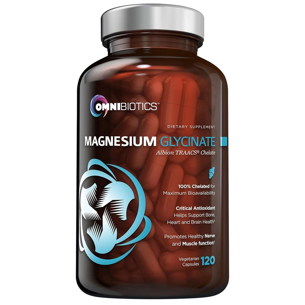 OmniBiotics Magnesium Glycinate Supplement – with 100% Pure Albion TRAACS Bisglycinate Chelate for Sleep, Muscle, Nerve & Heart Health – 120 Vegan Capsules