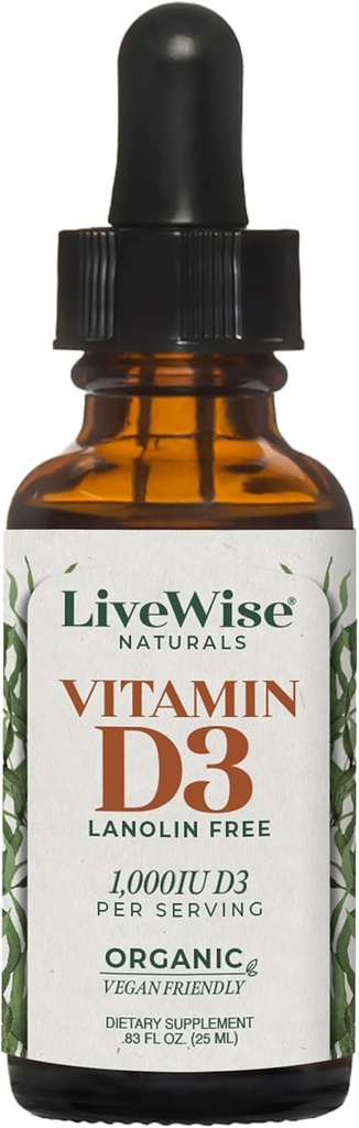 LiveWise Naturals Orgânico Vitamina D3 Drops Líquidos, Vegan, Não-GMO, Baseada em Plantas, 200 UI por Gota, Suporta Imune, Saúde Óssea e Mood, Fácil de Absorver, em MCT Oil 1.000 UI
