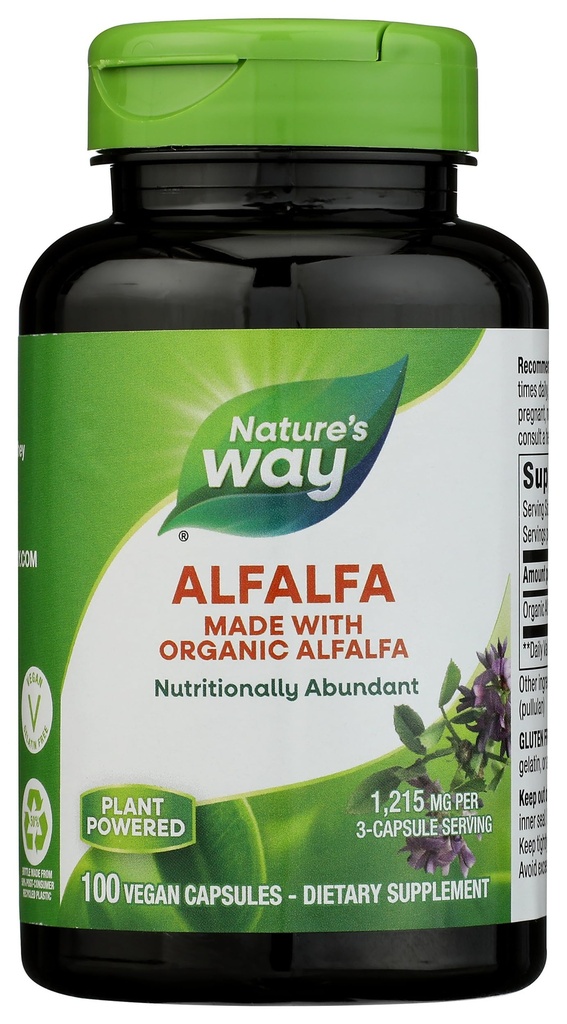 Nature's Way Alfalfa, Made With Organic Alfalfa, 1,215 mg por 3 cápsulas servindo, Alfalfa Herbal Cápsula, Gluten Free, Vegan, 100 Cápsulas (Packaging May Vary)