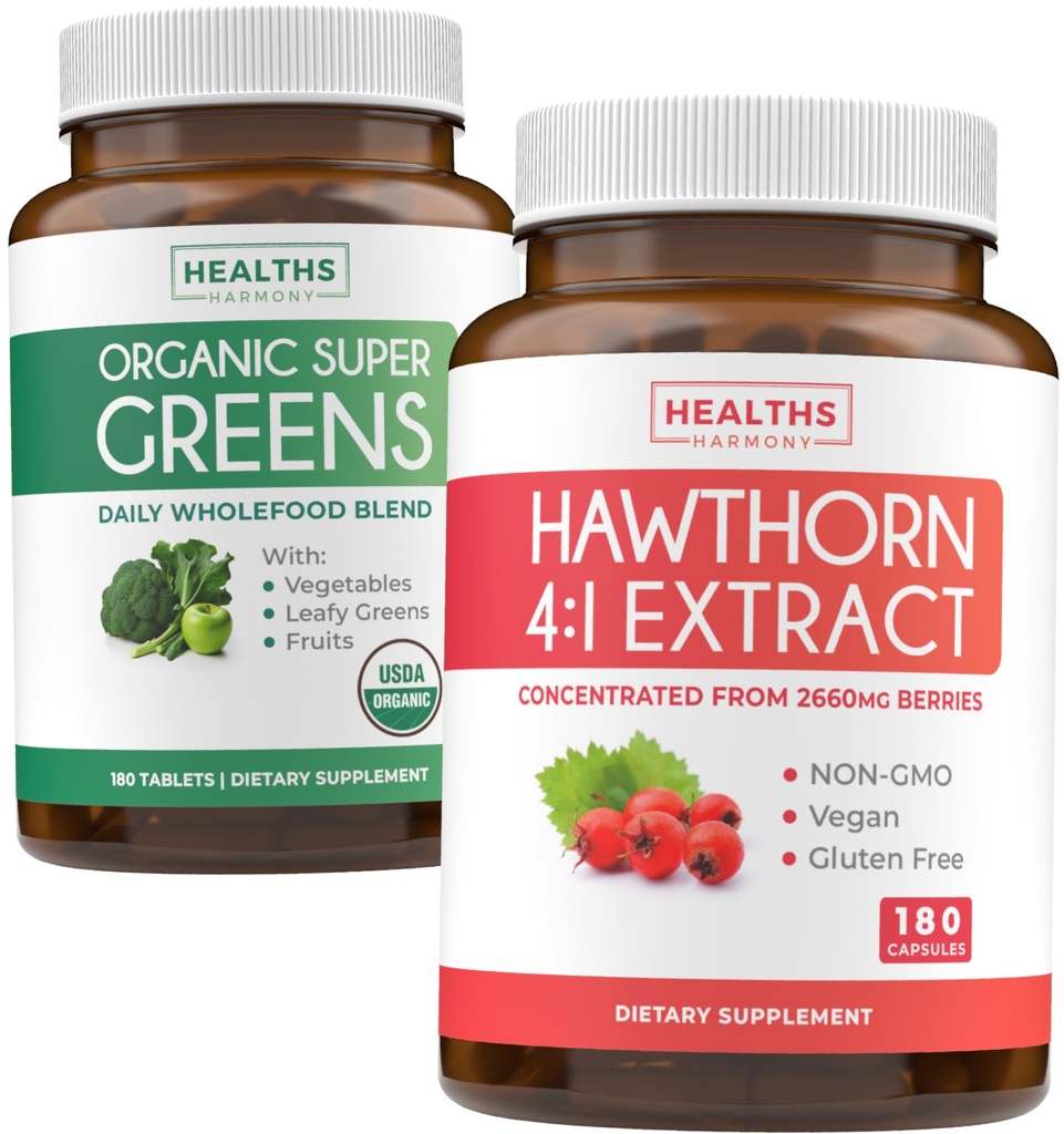 Super Greens & Hawthorn Extract (3-fornecimento de meses) Super Berry Blend pacote de Super Greends Orgânicos Pó - Superfood completo & Hawthorn Berry 4:1 Extract - Extract de alta resistência (180 Cápsulas)