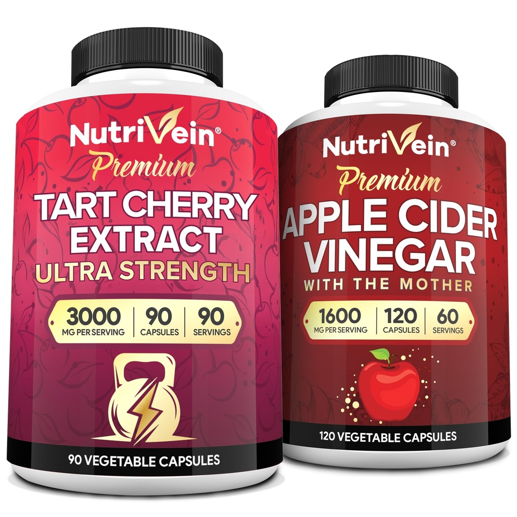 Nutrivein Premium Tart Cherry 500mg & Apple Cider Vinagre 1600mg Bundle - Recuperação muscular e limpeza de ácido úrico Plus Digestion Support & Weight Management - Não-GMO, Vegan / Vegan - 90 + 120 comprimidos