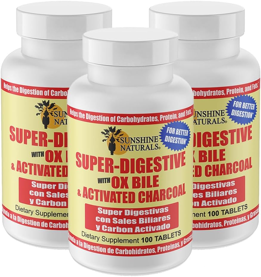 Sunshine Naturals Super Suplemento Digestivo. Carvão de Ox Bile e ativado para suporte digestivo, alívio de inchaço, limpeza de tripa, absorção de nutrientes e bem-estar geral. 100 Comprimidos. Embalagem de 3