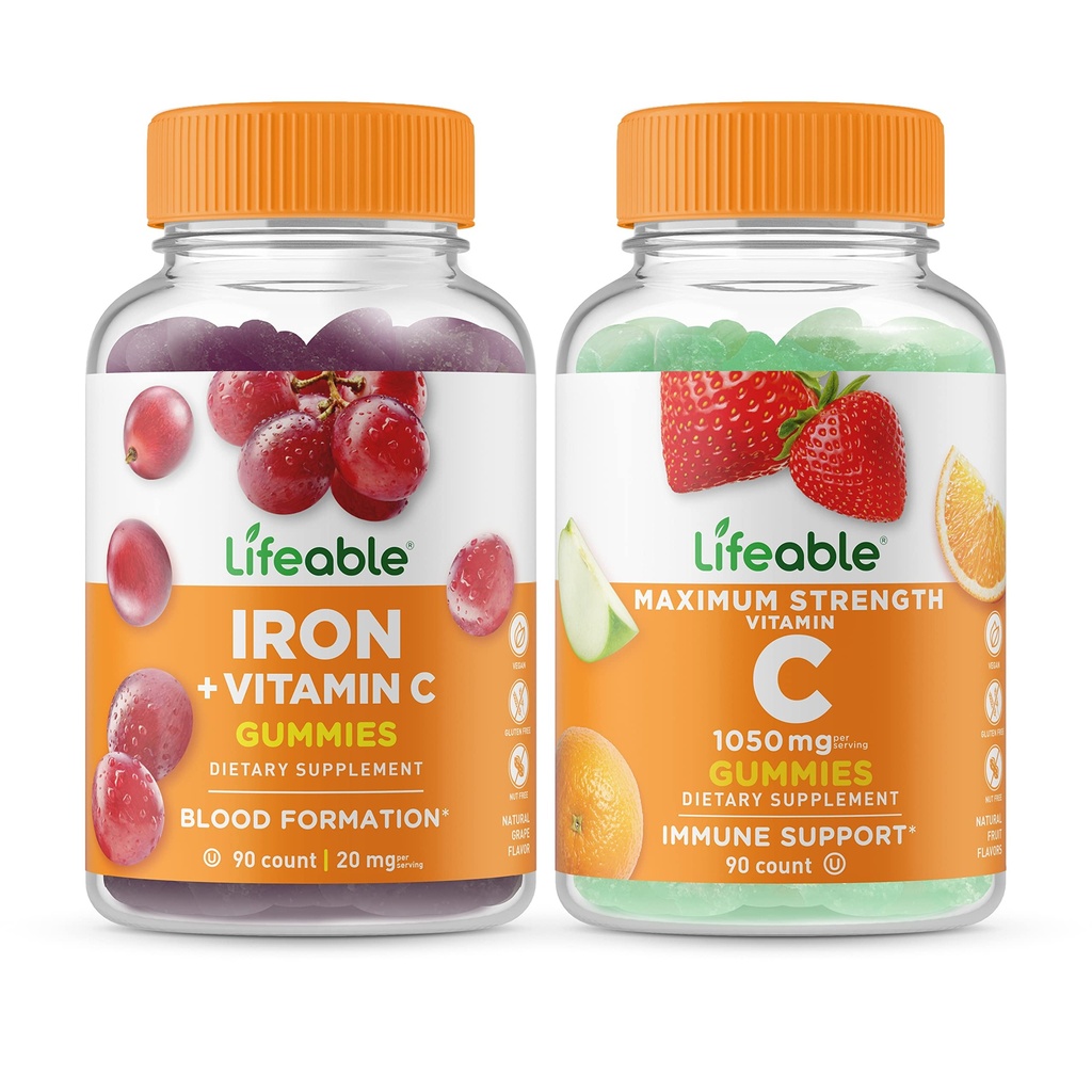 Ferro vitalício com Vitamina C + Vitamina C 1050mg, Gummies Bundle - Grande Degustação, Suplemento Vitamina, Gluten Free, GMO Free, Gummy mastigável