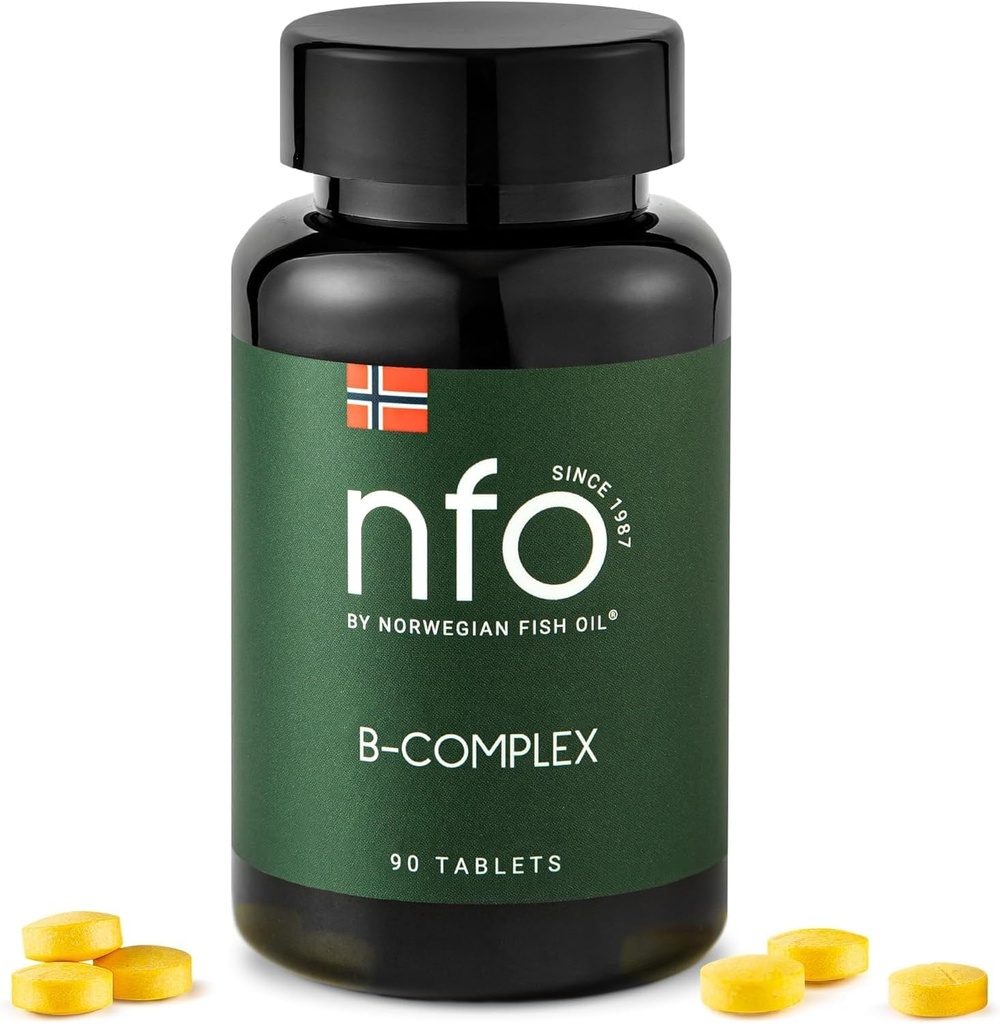 Complexo NFO Vitamina B [90 comprimidos] Complexo Natural Norueguês de Alta Dose de Multivitaminas do Grupo B em uma forma facilmente acessível: B1, B2, B3, B5, B6, B9, B12 para homens e mulheres fabricados na Noruega