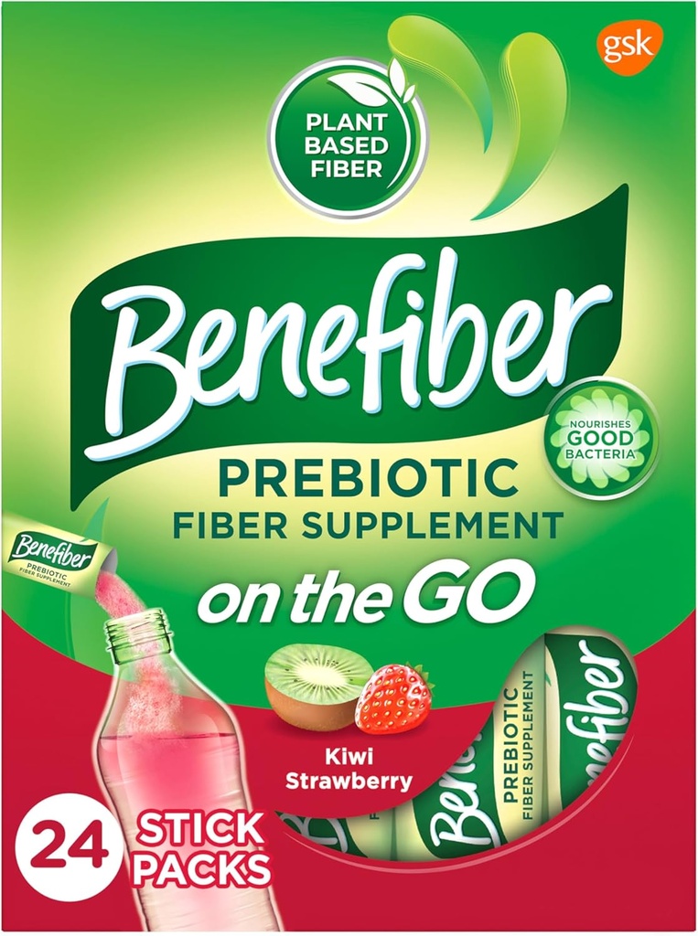 Benefiber On the Go Prebiotic Fiber Supplement Powder for Digestive Health, Daily Fiber Powder, Kiwi Strawberry Flavor Powder Stick Packs - 24 Sticks (5.28 Aves)