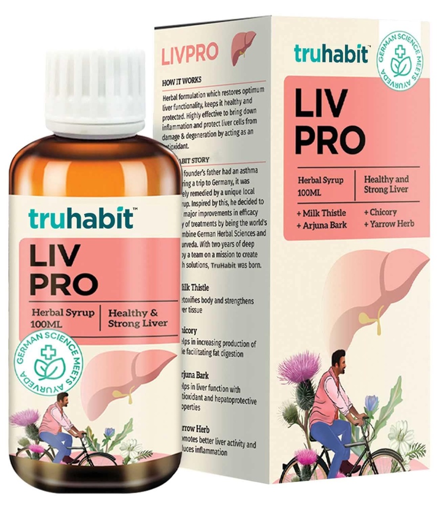 Livpro Liver Detox Syrup com cardo de leite e casca de Arjuna por cura verde, Suplemento de fígado com detox de fígado de cardo de leite, Suporte de fígado orgânico - ciência alemã com Ayurveda, 3.4 Fl Oz (100ml)