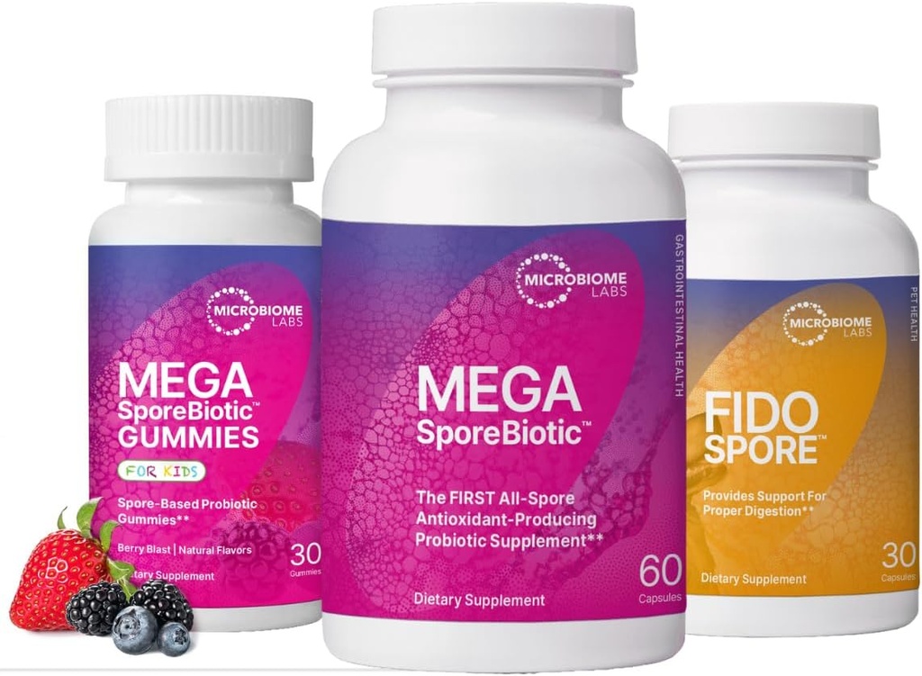 Microbiome Labs Toda a Família Pacote Probiótico - MegaSporeBiótico para Adultos, Gummies Probiótico para Crianças, e FidoSpore Probióticos para Cães e Gatos