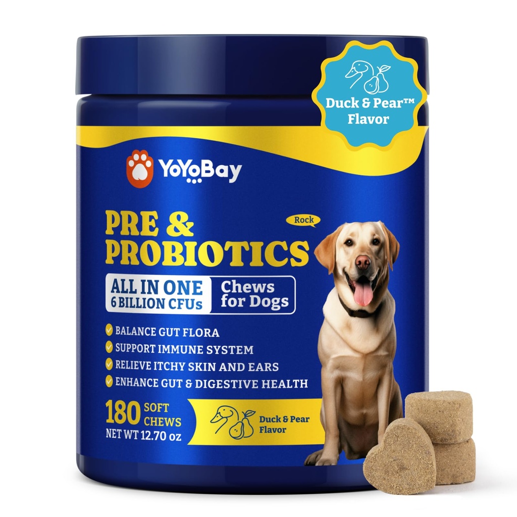 Probióticos para cães - Dog Probióticos para a Saúde Digestiva, Levedura, Pele Comichão, Gut Saúde, Imune & Pele - 6 bilhões UFCs, 180 mastigação macia, Pato & Pear Flavor - com Prebióticos & Enzimas Digestivas