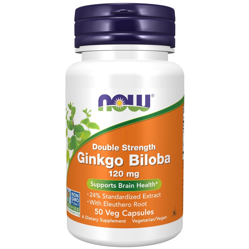 Now Foods Supplements, Ginkgo Biloba 120 mg, Dupla Força, Projeto Não-GMO Verificado, 50 Veg Cápsulas