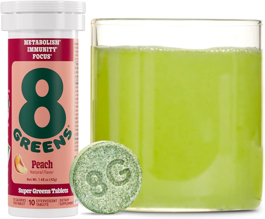 8Greens Supergreens Tablets Super Greens Powder Superfood Tablet, Metabolismo Imunidade e Foco, Verdes diários Comprimidos efervescentes, Orgânico: Aloe Vera, espirulina, chlorela, pêssego, 10 Servings
