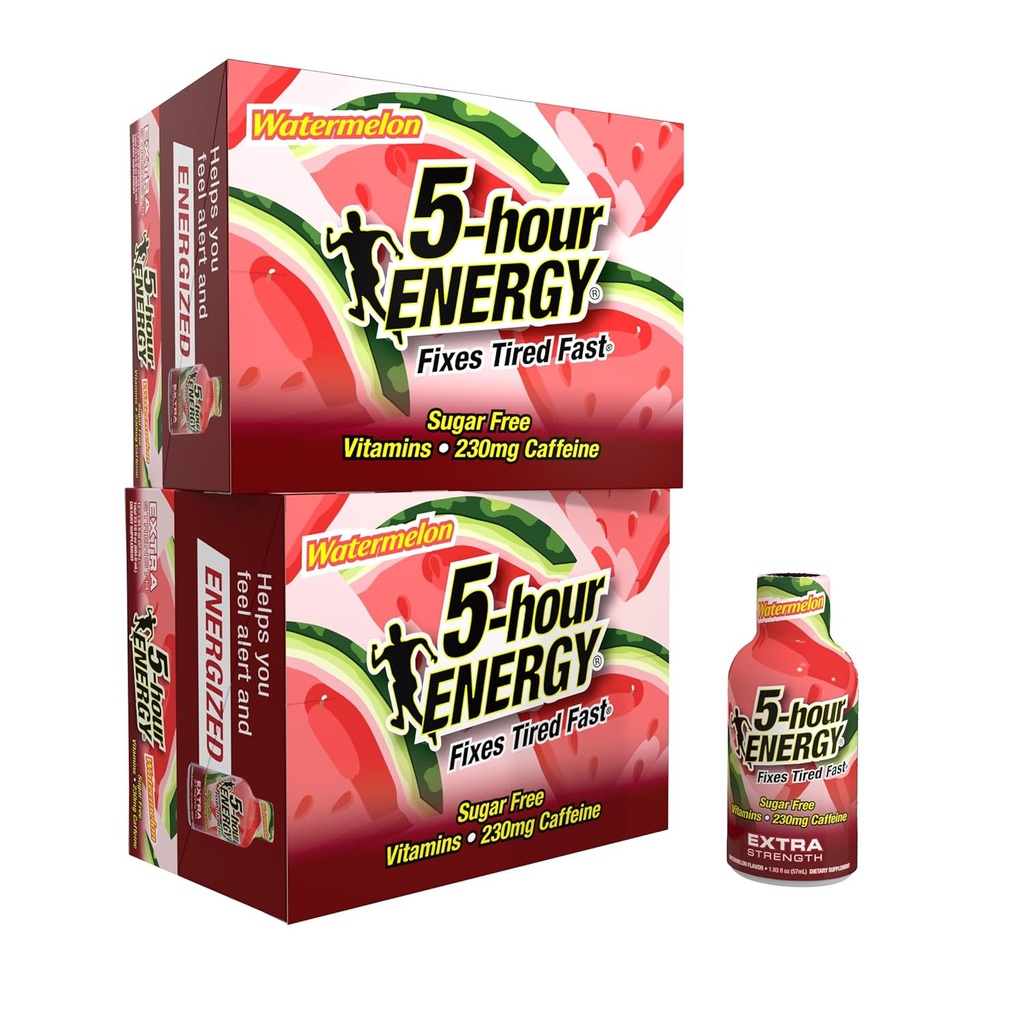 5 horas ENERGIA Extra força Energia Tiro, Melancia sabor (1.93 oz. - 24 Contagem) Açúcar-Livre & Zero Calorias, B-Vitaminas & Aminoácidos, 230mg Cafeinado Tiro Energia, Suplemento dietético
