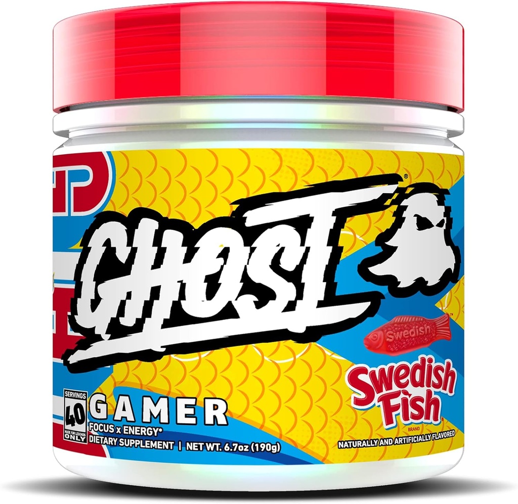 GHOST Gamer: Energia e Focus Suporte Fórmula - 40 Servings, Peixe Sueco - Nootropics & Cafeína Natural para Atenção, Precisão & Tempo de Reação - Vegan, Sem glúten