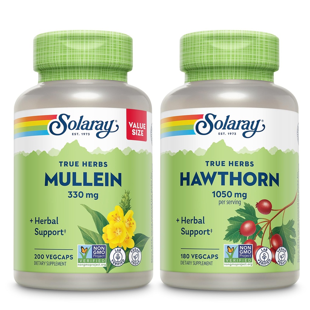 SOLARAY Mullein Folha 330 mg e Hawthorn Berry Cápsulas 1050 mg - calmante Herbal Suporte Bundle para Saúde Geral e Bem-Estar - Vegan, Não-GMO, 60 dias de garantia, Lab verified, 200/180 VegCaps