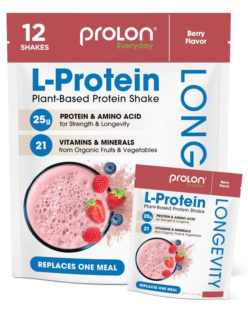 Prolon Longevidade Planta Based Protein Powder (Síntese e reparação muscular), Envelhecimento saudável, Melhor desempenho, Vitaminas, Sem glúten, Aminoácidos, Antioxidantes, 25g de proteína, Berry, 12 pacotes
