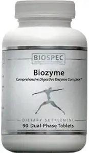 BIOZYME: Complexo de enzimas digestivas de alta potência completa- Dual Os comprimidos de fase libertam Betaine HCl, Pepsina, Bromelaína e Papaína no estômago, e Pancreatina, Trypsina, Quimotripsina e Bile de Ox na região duodenal para máxima eficácia. 90 Comprimidos em Fase Dupla