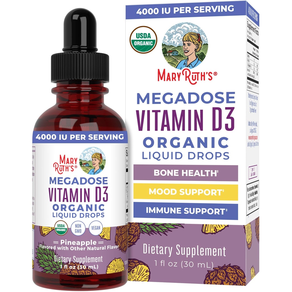 MARYRUTH'S Vitamina D3 Liquid Drops - Megadose 4000 UI - USDA Organic Liquid Vitamina D Spray para Adultos e Crianças - Suporte Imune e Saúde Óssea - Vegan - Gluten Free - Não-GMO - 30 Servings