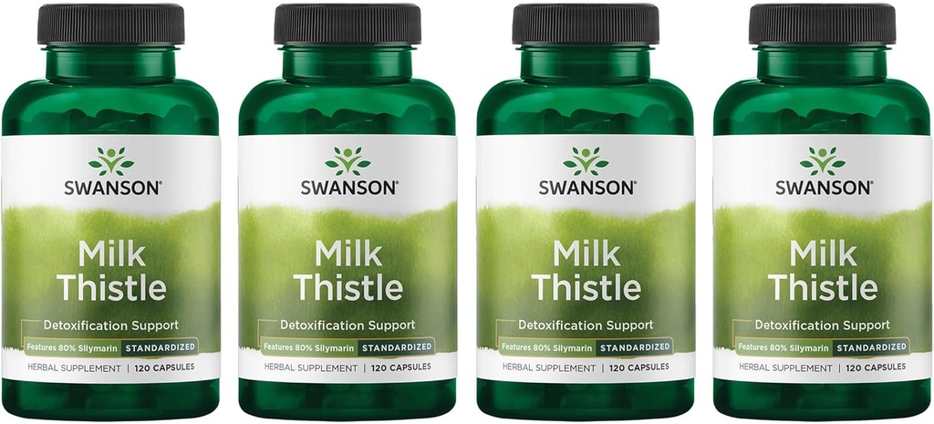 Swanson Milk Thistle (Standardized) - Suplemento de suporte ao fígado de ervas w / 80% Silymarin - Fórmula natural que ajuda a manter a saúde geral e bem-estar - (120 cápsulas) (4 embalagem)