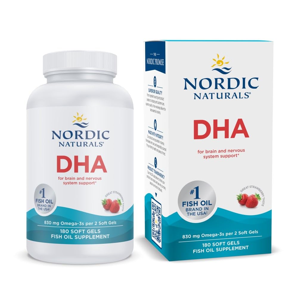 Naturals nórdicos DHA, Morango - 180 Gels macios - 830 mg Omega-3 - Fórmula DHA de alta intensidade para suporte ao cérebro e sistema nervoso - Não-GMO - 90 Servings