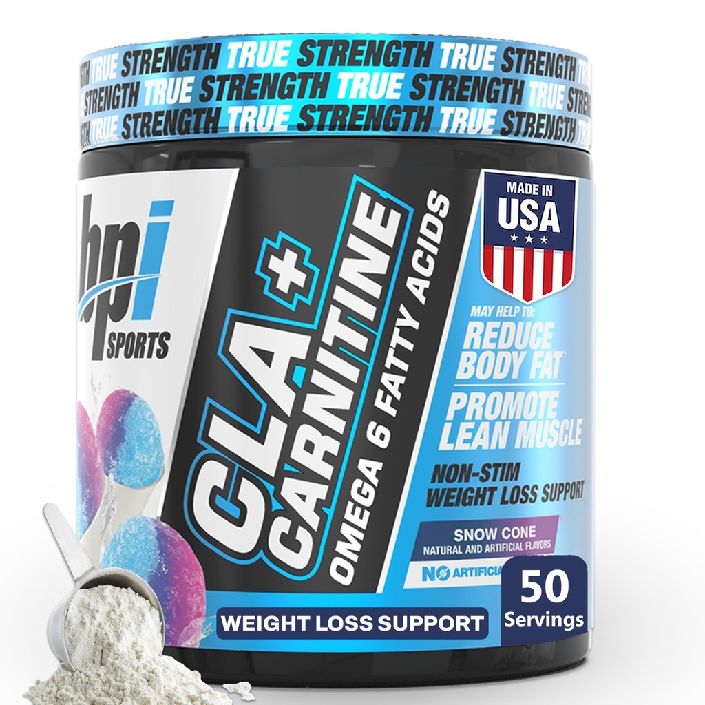 BPI Sports CLA + Carnitina – Ácido Linoleico Conjugado – Fórmula Perda de Peso – Metabolismo, Desempenho, Músculo Lean – Cafeína Livre – Para Homens & Mulheres – Snow Cone – 50 porções – 12,34 oz.