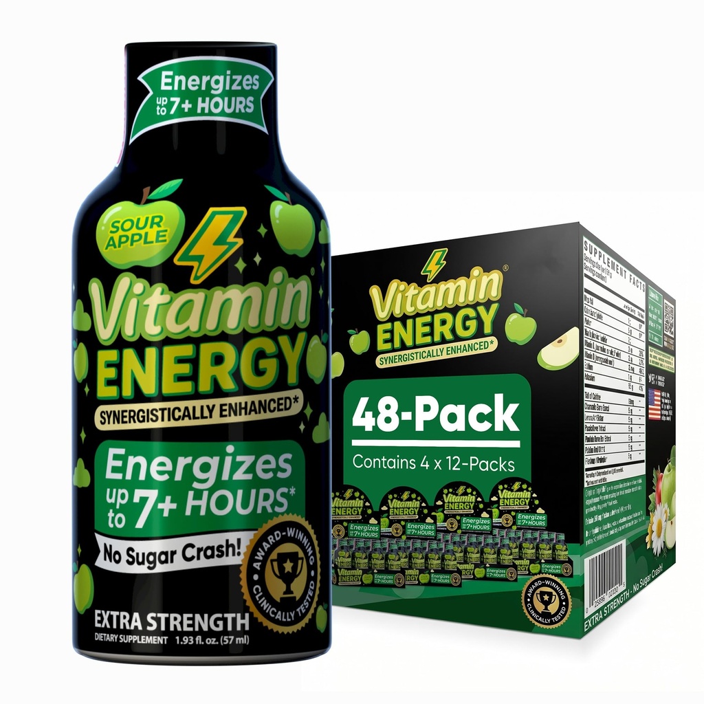 Vitamina Energia Treino+ Força extra Energia Shot Sour Apple 48 Pack, 260mg Cafeína Natural, Pré-treino, B-Vitaminas, Minerais, Endurance & Performance, Zero Açúcar, Gluten-Free, Vegan, 1,93 fl oz