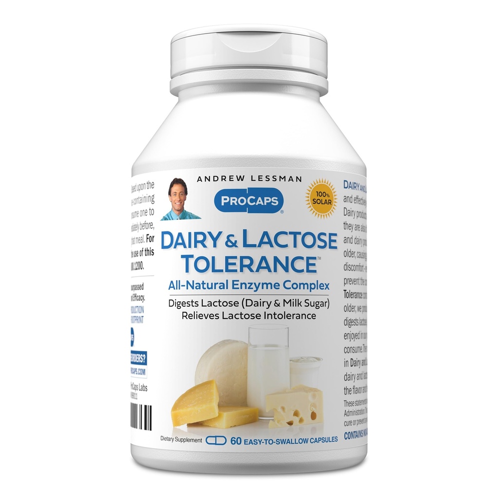 ANDREE LESSMAN Laticínios e Lactose Tolerância 60 Cápsulas - Melhora a Digestão Natural de Lacticínios e Lactose. Enzimas leves, poderosas e totalmente naturais ajudam a evitar desconfortos GI na digestão. Sem aditivos