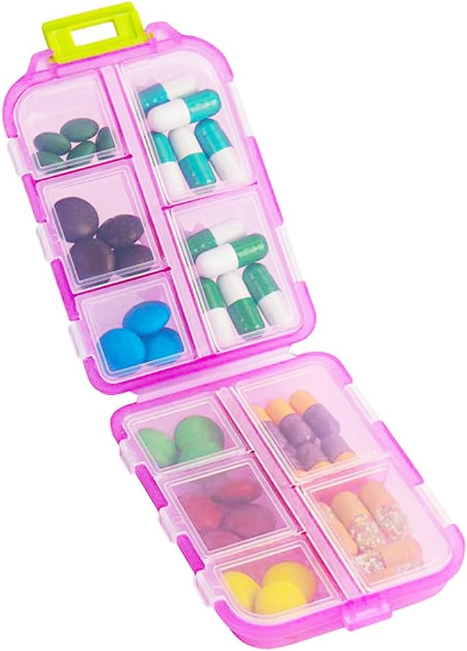 Organizador de comprimidos de viagem, caixa de dispensador de medicina diária à prova de umidade, pequeno caso de vitamina semanal para suplemento, óleo de peixe, Meds, Pocket Pharmacy bonito cápsula recipiente 10 compartimentos, rosa