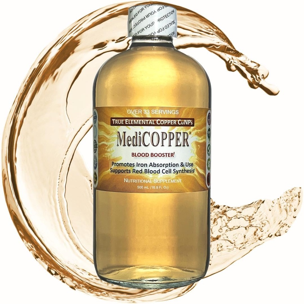 MediCOPPER Blood Booster True Colloidal Copper CuNP Nutrient - 500 ml em garrafa de vidro transparente
