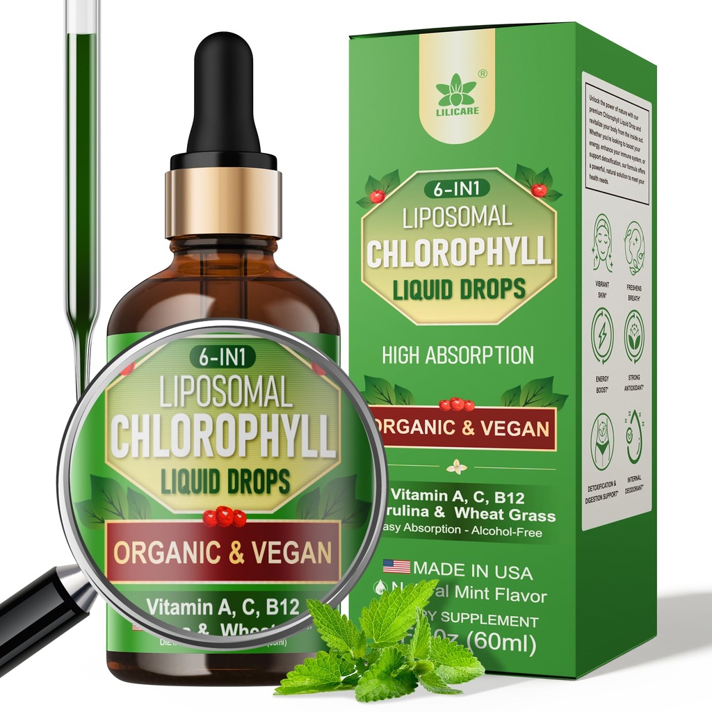 Biochlorophyll líquido gotas lipossomais para mulheres e homens, 6-em-1 Verdes Superalimento Vegan clorophyll w / Spirulina, Erva de trigo, Vitamina C B12 A para desodorante interno *, Energia, Digestivo, 1Packs/2 Fl Oz