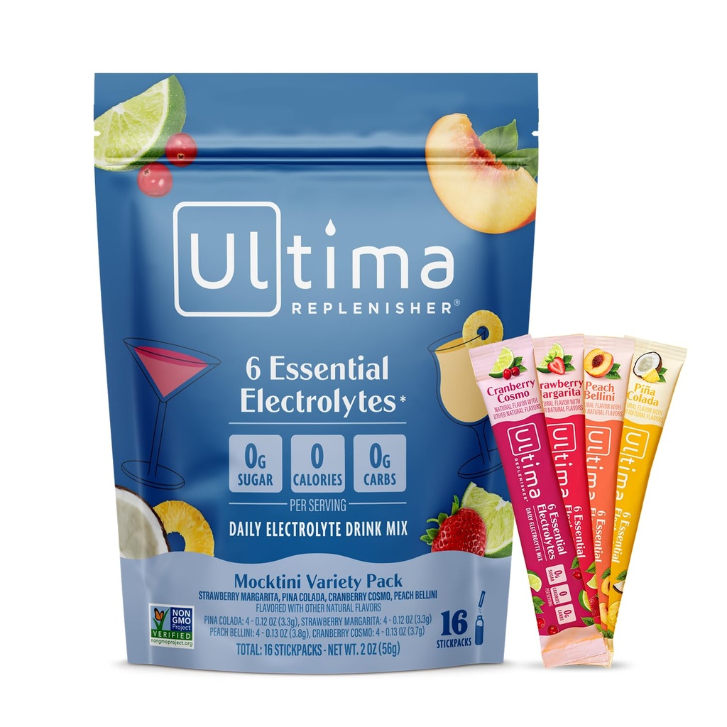 Ultima Replenisher Diária Electrolyte Powder Drink Mix – Sugar Free – Mocktini Variety, 16 Stickpacks – Pacotes de Hidratação com 6 Eletrolitos Chave e Trace Minerals – Keto Friendly, Non-GMO