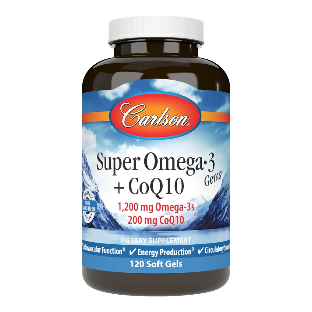 Carlson - Super Omega-3 Gems + CoQ10, 1200 mg Omega-3s 200 mg CoQ10, função de circulação, produção de energia e suporte circulatório, 120 Softgels