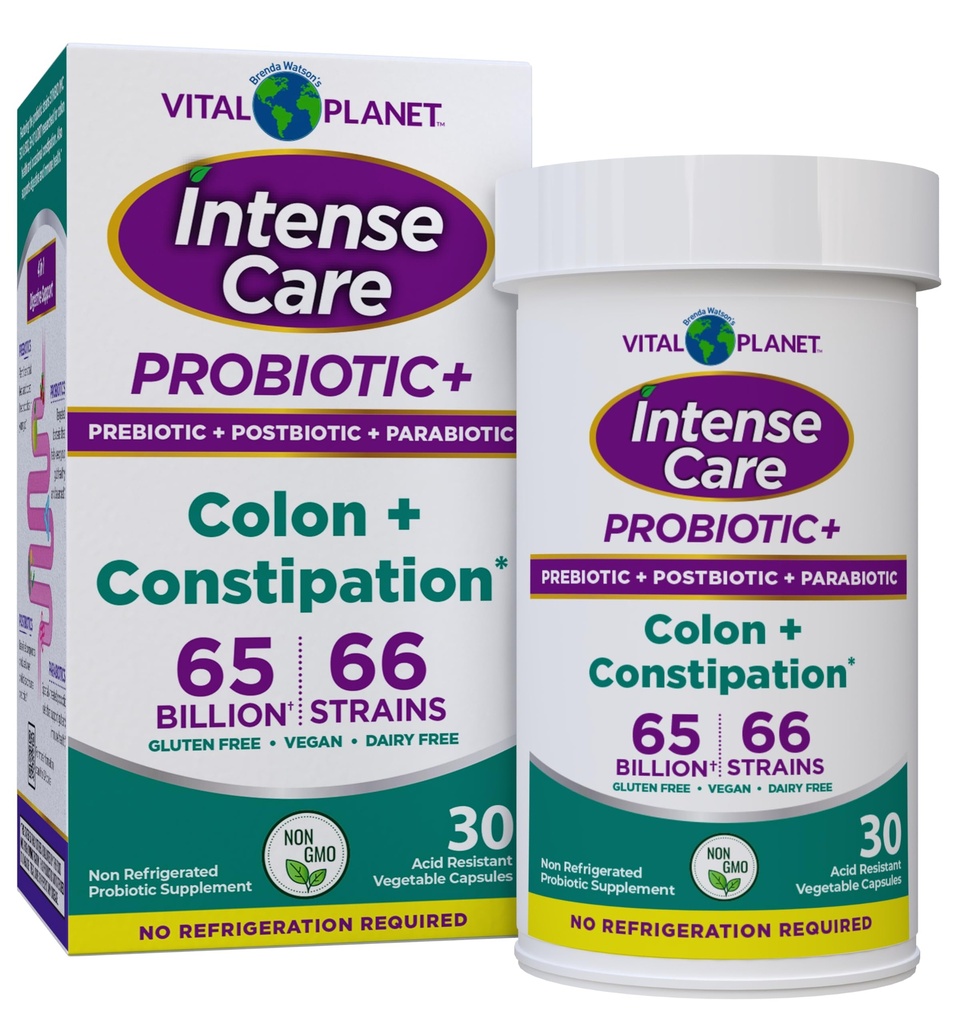 Planeta Vital - Cuidado intenso Colón & Obstipação Probióticos Plus Prebióticos Orgânicos, Postbióticos, Parabióticos, Suplemento 4-em-1 completo de saúde para adultos, 65 bilhões de UFC, 66 Strains, 30 ct