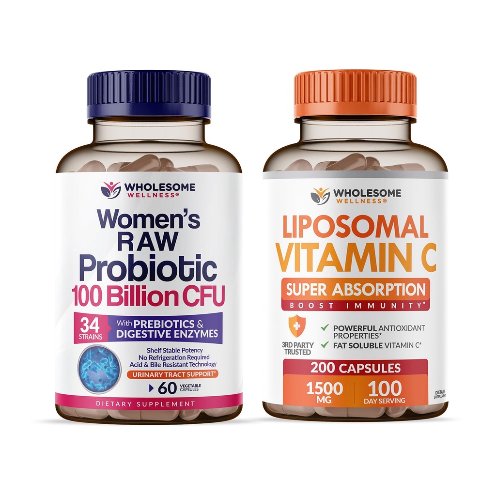 Probióticos de Bem-Estar Saudável para Mulheres 100 bilhões de UFCs com Prebióticos, Enzimas Digestivas + Cápsulas de Vitamina C lipossomal Alta Absorção, Pacote de Suplemento de Ácido Ascórbico