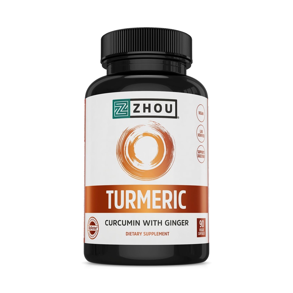 Zhou Turmeric Curcumin com gengibre - Suplemento Açafrão e Ginger para Mulheres e Homens, Curcuminoides com Extrato de Pimenta Negra para Digesção e Saúde Digestiva - 90 Cápsulas Veggie
