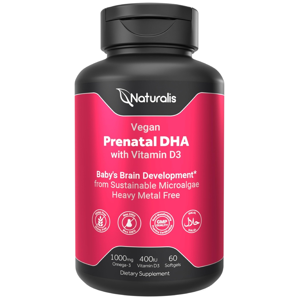 Naturalis Vegan Pré-natal com Especrum Omega-3 completo, Algae DHA, EPA, DPA, Vitamina D3 & Folato ativo L 5-MTHF, Sociedade Vegan Certified, Sustainable Sourced, Non-GMO & Soy Livre