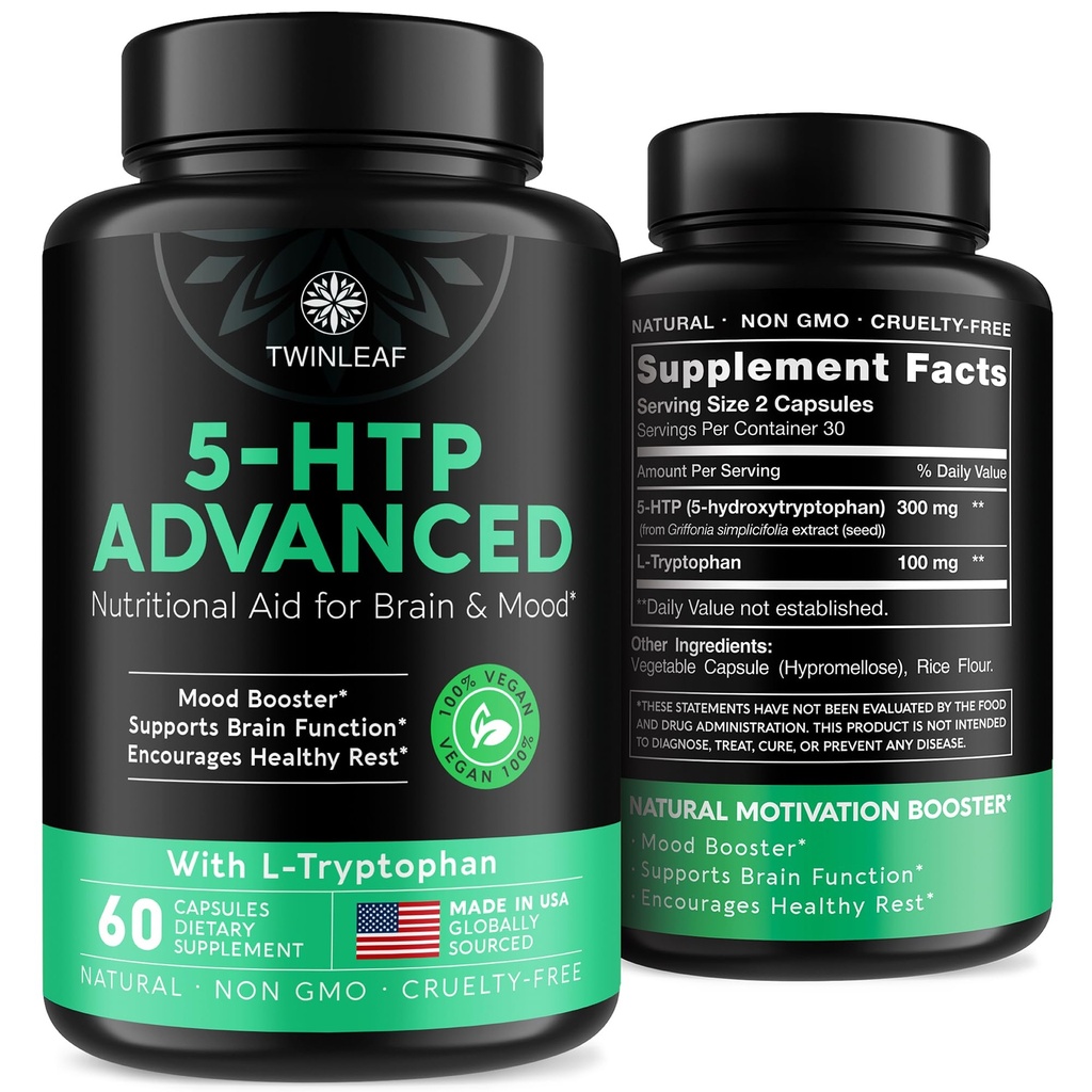 TWINLEAF 5 HTP Supplement for Mood Support - Made in USA - Cápsulas naturais de 5-HTP & L-triptofano - 5-HTP Booster para homens e mulheres - Fórmula proprietária para o humor e relaxamento - 60 Cápsulas Vegan
