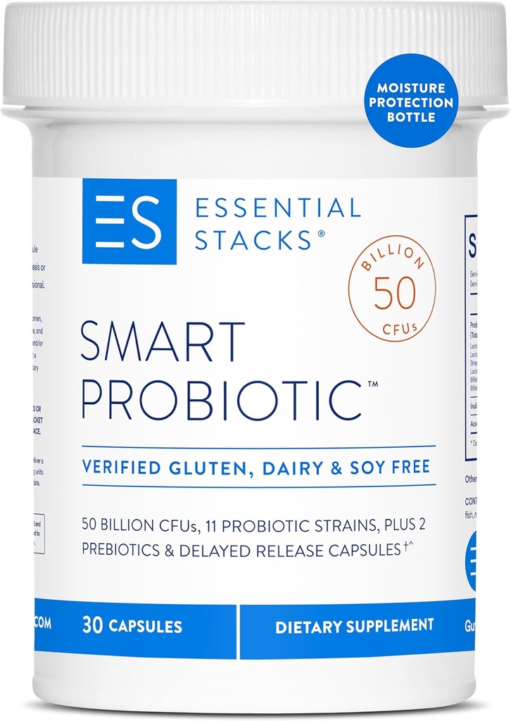 Essential Stacks Smart Probiótico - 50 bilhões de UFCs, 11 probióticos Strains, 2 prebióticos, cápsulas de liberação tardia - um probiótico diário Prebiótico para mulheres e homens (30 cápsulas)