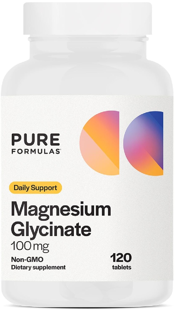 PureFormulas Glicinato de Magnésio 100 mg Apoio Diário para Estresse, Nervos, Sono, Músculos, Metabolismo Pure Magnésio Glicinato Suplemento para Mulheres e Homens Magnésio Não-GMO 120 Comprimidos