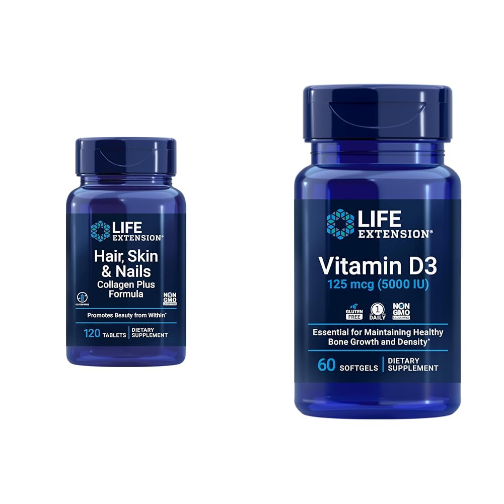 Extensão de vida cabelo, pele & unhas Colágeno Plus Fórmula com vitamina D3 5000 UI - Promove Colágeno, queratina, osso, cérebro, imune e saúde das unhas - 120 Count & 60 Softgels