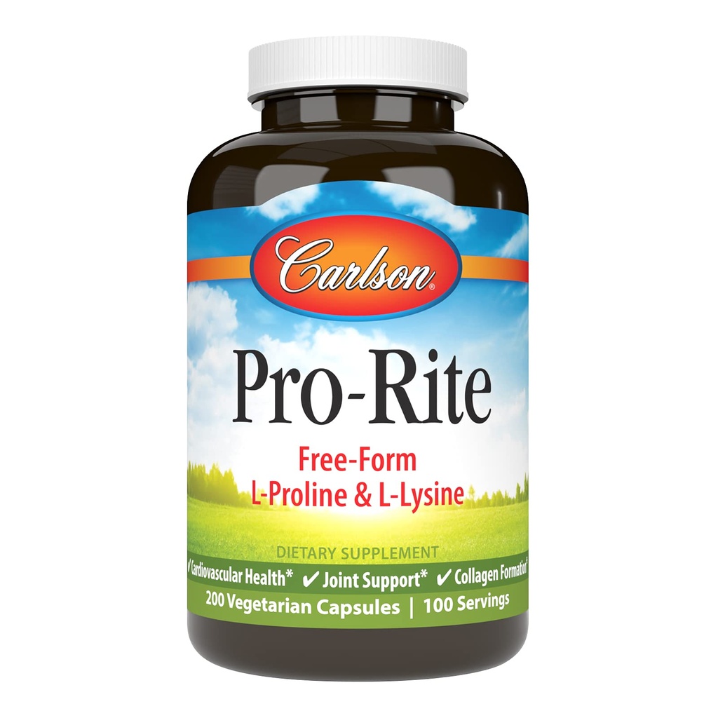Carlson - Pro-Rite, L-Proline de forma gratuita e L-Lysine, Saúde, Suporte Conjunto e Formação de Colágeno, 200 Cápsulas