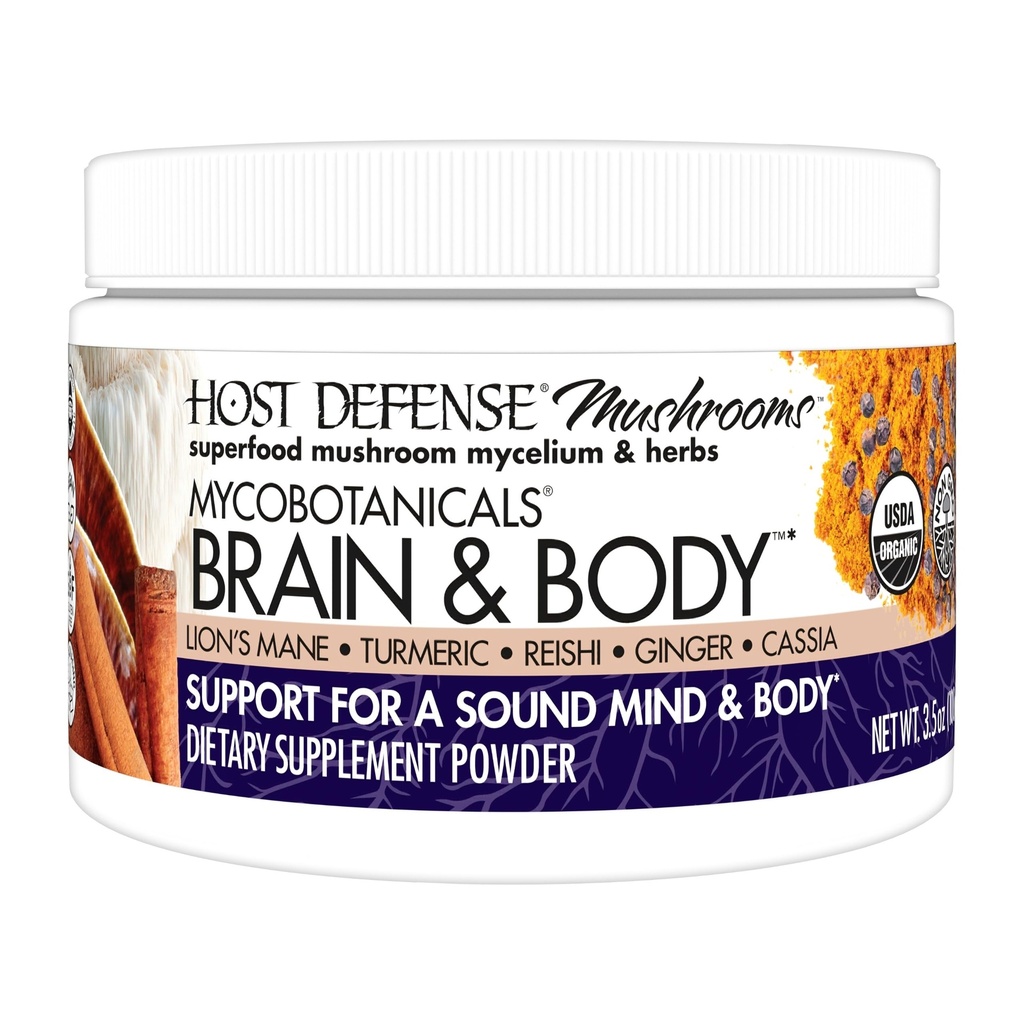 Host Defense MycoBotanicals Brain & Body* Pó - Suplemento de suporte digestivo e imunológico com Mane & Reishi Mushroom do leão - Suplemento de cérebro para apoiar memória e foco - 3.5 oz (33 Servings)*