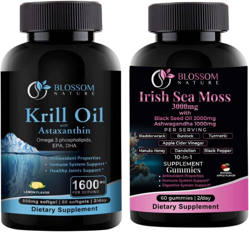 Óleo de Krill Antártico 1600mg com Astaxantina 2mg e Musgos do Mar Irlandês 3000mg com Óleo de Sementes Negras e Ashwagandha 2000mg