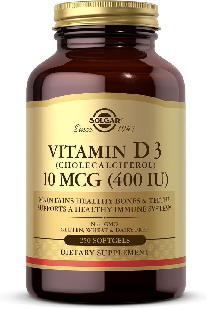 Solgar Vitamina D3 (Cholecalciferol) 10 MCG (400 UI), 250 Softgels - Ajuda a manter os ossos e dentes saudáveis - Suporte do sistema imunológico - Não-GMO, sem glúten, sem leite - 250 Servings