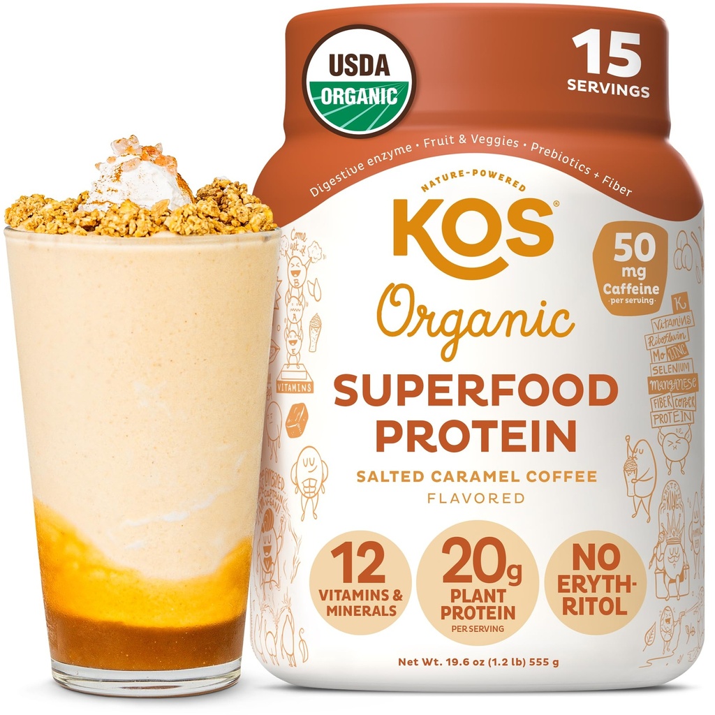 KOS Vegan Protein Powder, Café de caramelo salgado - Low Carb Pea Protein Blend, Planta orgânica Superalimento rico em vitaminas e minerais - Keto, leite grátis - substituição de refeições para mulheres e homens - 15 Servings