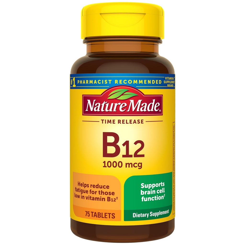 Nature Made Vitamina B12 1000 mcg, Suplemento dietético para apoio ao metabolismo energético, 75 comprimidos de liberação de tempo, 75 dias de fornecimento