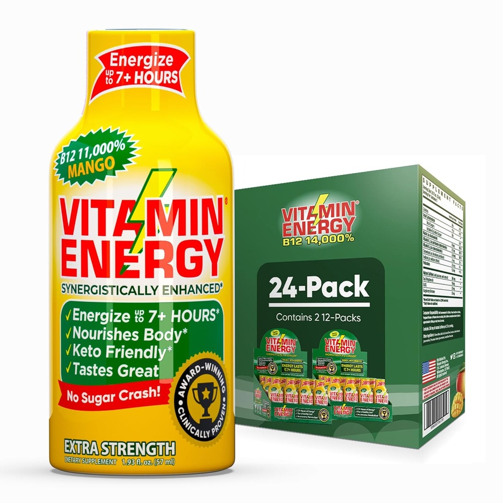 Vitamina Energia B12 11,000% Extra força Energia Shot Mango 24 Pack, 260mg Cafeína Natural, B12 & B6, Foco Nootrópico, Vitalidade, Açúcar Zero, Sem glúten, Vegan, Kosher, 1,93 fl oz