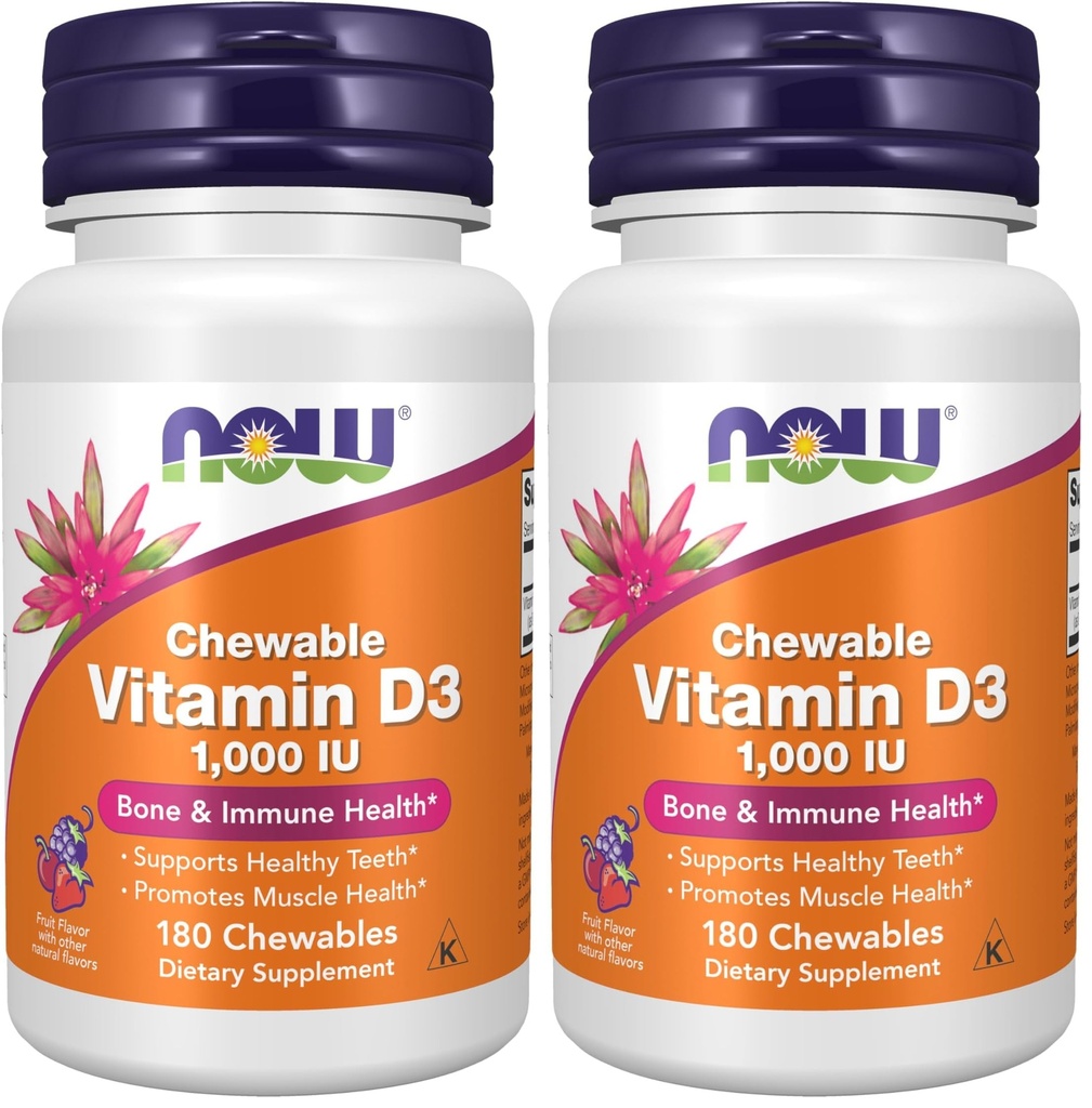 Now Supplements, Vitamina D-3 1.000 UI, Sabor Natural Fruit, Suporte Estrutural*, 180 Chewables (Pack of 2)